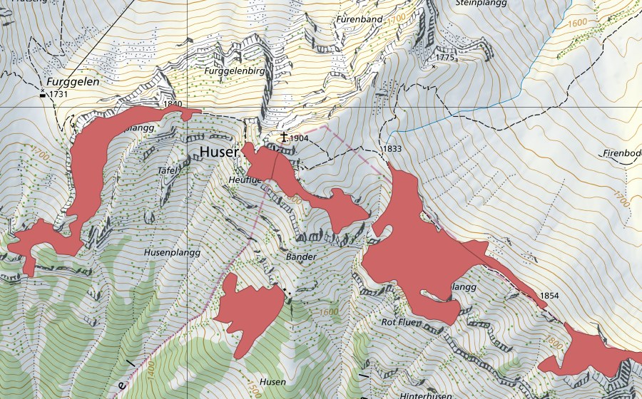Carte nationale swisstopo avec le périmètre protégé de Nollen (Prairie sèche)