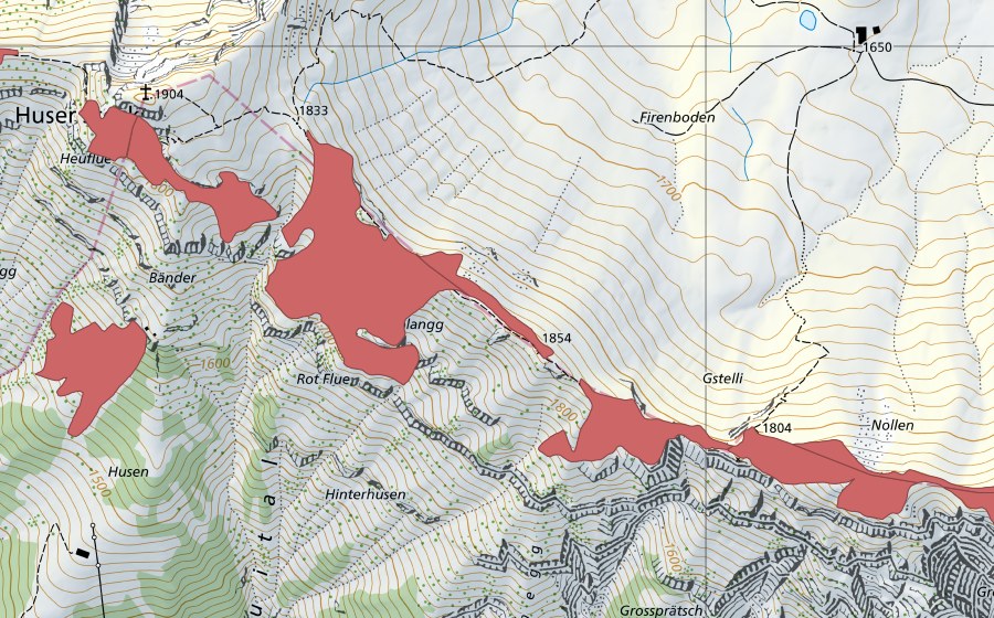 Landeskarte swisstopo mit dem Schutzperimeter von Nollen (Trockenwiese)