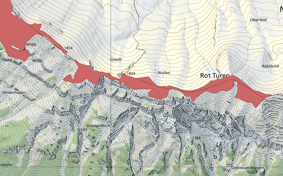 swisstopo national map showing the protected perimeter of Nollen (Dry meadow)