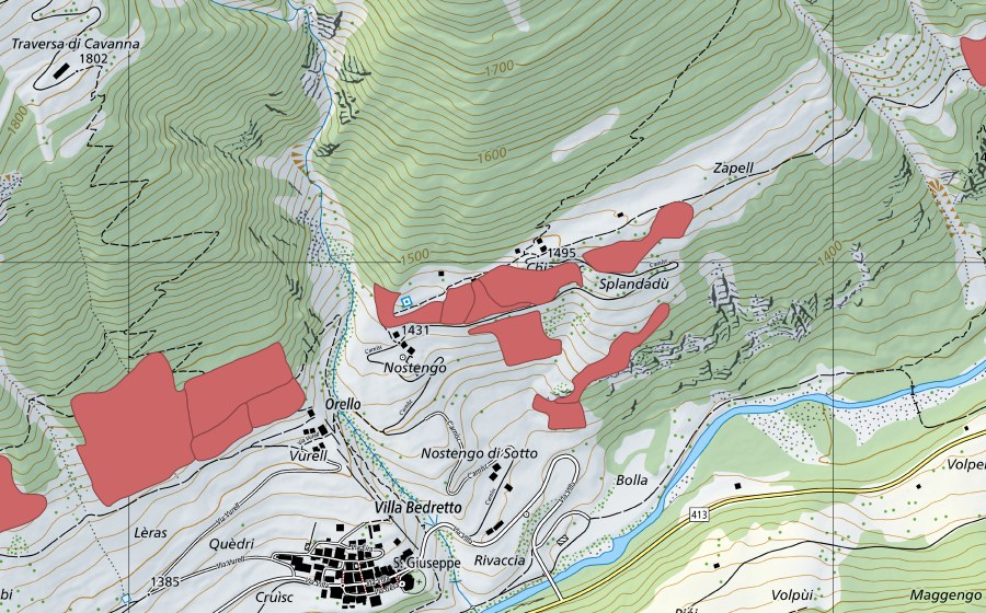 Landeskarte swisstopo mit dem Schutzperimeter von Nostengo (Trockenwiese)