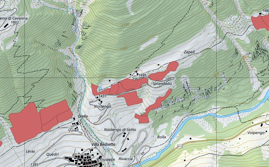 Carte nationale swisstopo avec le périmètre protégé de Nostengo (Prairie sèche)