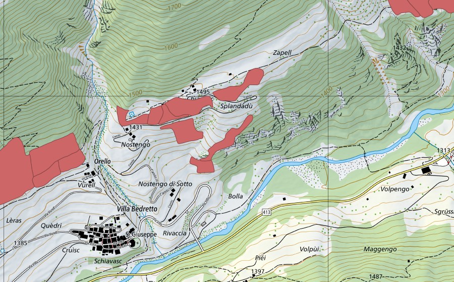 swisstopo national map showing the protected perimeter of Nostengo (Dry meadow)
