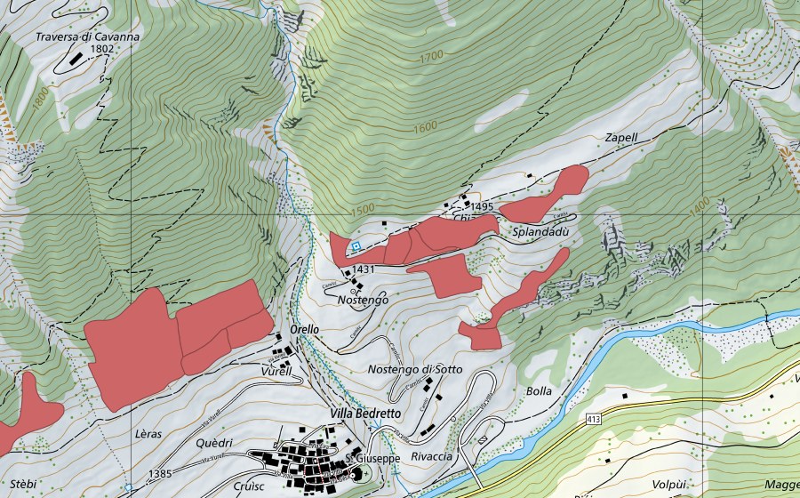 Landeskarte swisstopo mit dem Schutzperimeter von Nostengo (Trockenwiese)