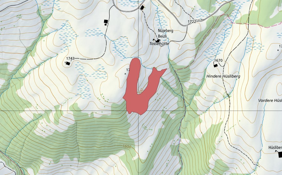 Carte nationale swisstopo avec le périmètre protégé de Nüjeberg (Prairie sèche)
