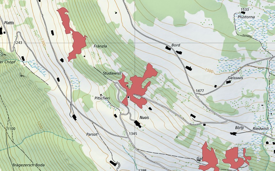 Landeskarte swisstopo mit dem Schutzperimeter von Nuois (Trockenwiese)
