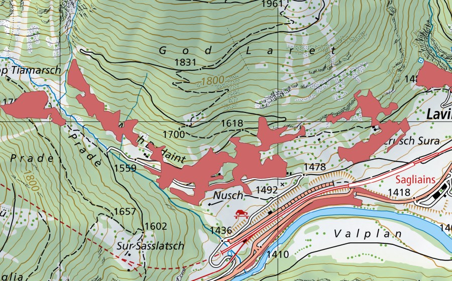 Landeskarte swisstopo mit dem Schutzperimeter von Nusch Dadaint (Trockenwiese)