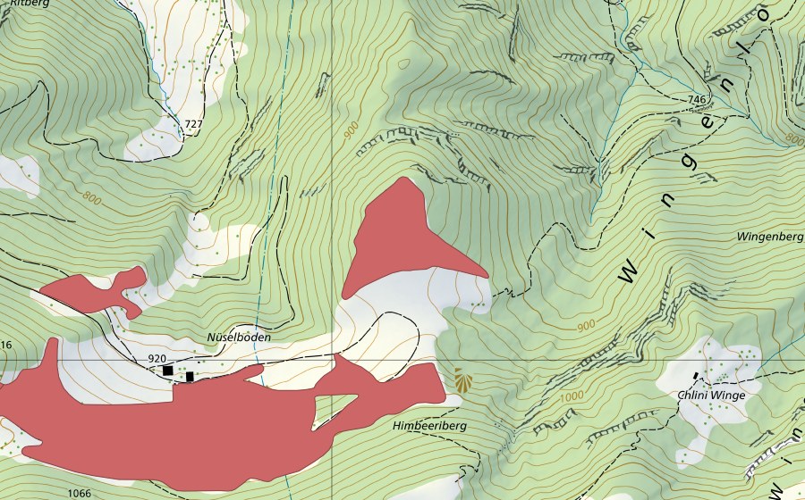 Carte nationale swisstopo avec le périmètre protégé de Nüselboden (Prairie sèche)