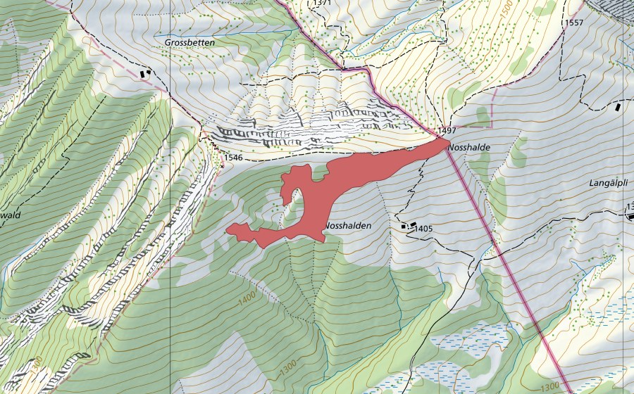 Landeskarte swisstopo mit dem Schutzperimeter von Nusshalden (Trockenwiese)