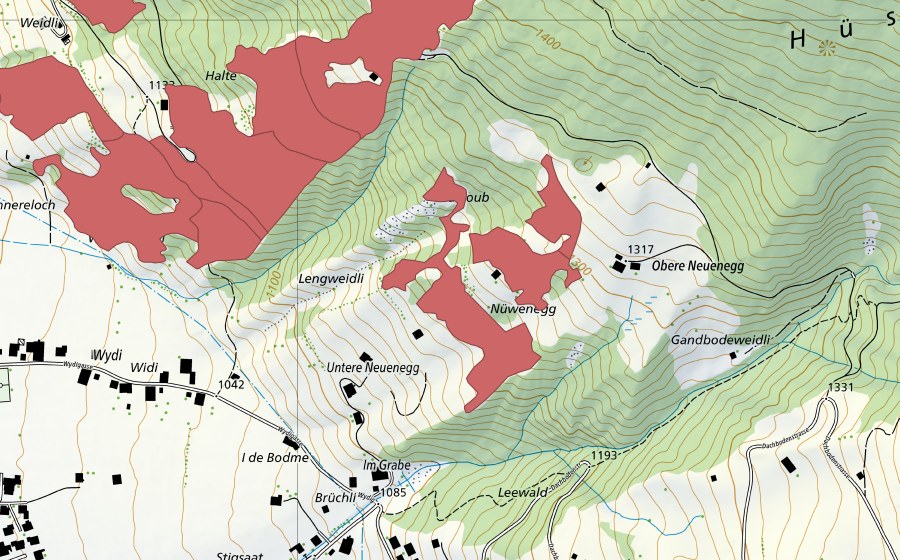 Carte nationale swisstopo avec le périmètre protégé de Nüwenegg (Prairie sèche)