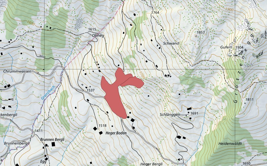 swisstopo national map showing the protected perimeter of Ob den Hegen (Dry meadow)