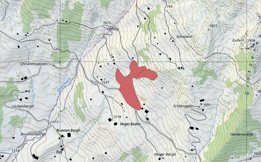 Landeskarte swisstopo mit dem Schutzperimeter von Ob den Hegen (Trockenwiese)