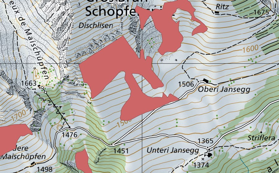 Carte nationale swisstopo avec le périmètre protégé de Ob. Jansegg (Prairie sèche)