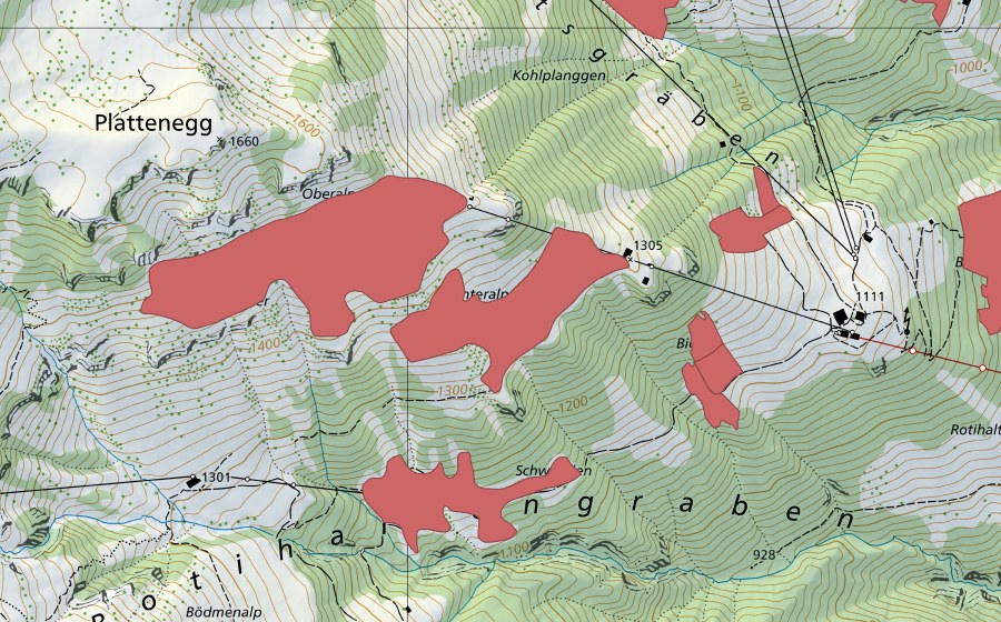 swisstopo national map showing the protected perimeter of Ober Alpeli (Dry meadow)
