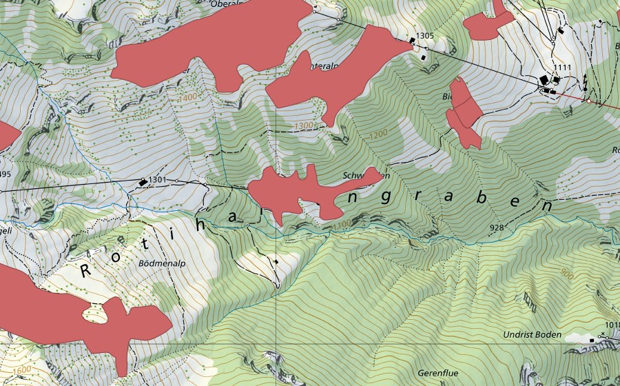 Landeskarte swisstopo mit dem Schutzperimeter von Ober Alpeli (Trockenwiese)