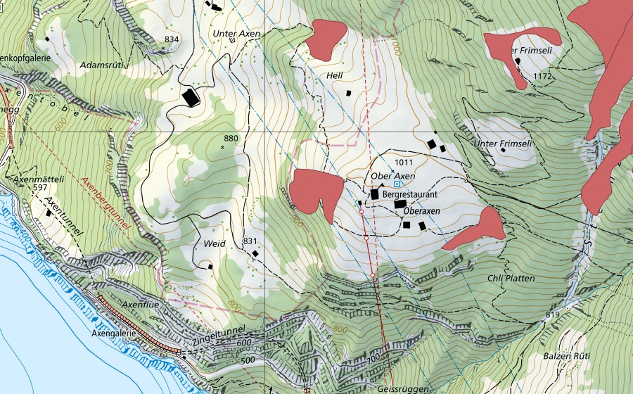 Carte nationale swisstopo avec le périmètre protégé de Ober Axen (Prairie sèche)