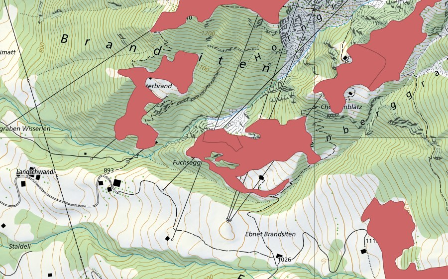 Carte nationale swisstopo avec le périmètre protégé de Ober Brand (Prairie sèche)