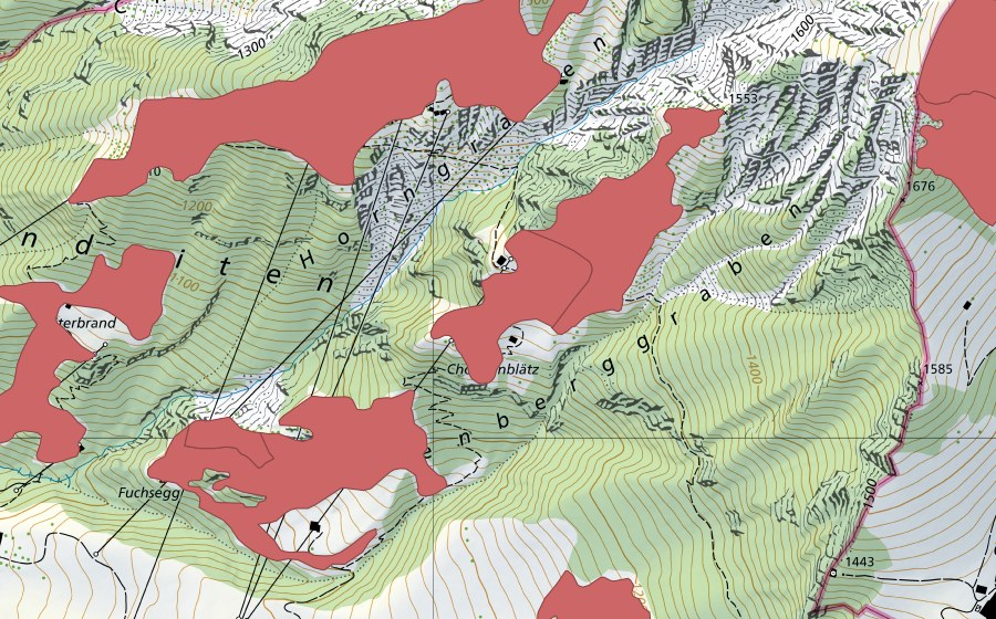 Carte nationale swisstopo avec le périmètre protégé de Ober Brand (Prairie sèche)