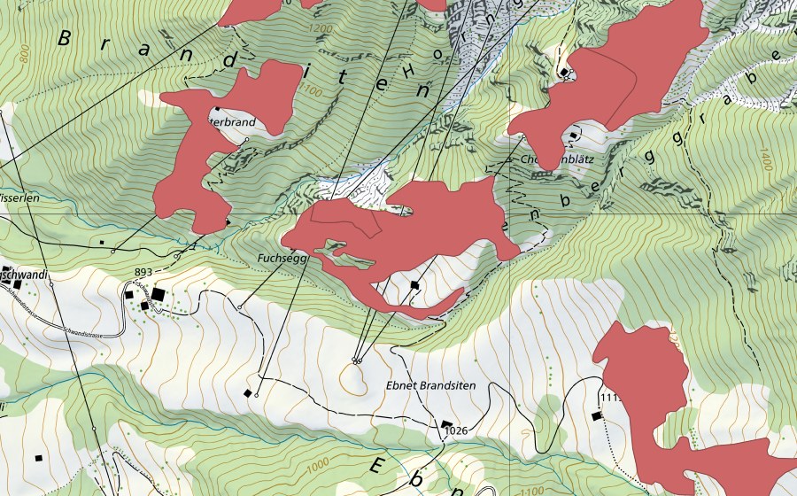 Landeskarte swisstopo mit dem Schutzperimeter von Ober Brand (Trockenwiese)