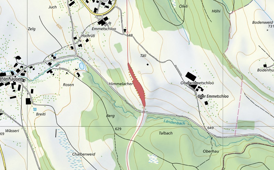 swisstopo national map showing the protected perimeter of Ober Emmetschloo (Dry meadow)
