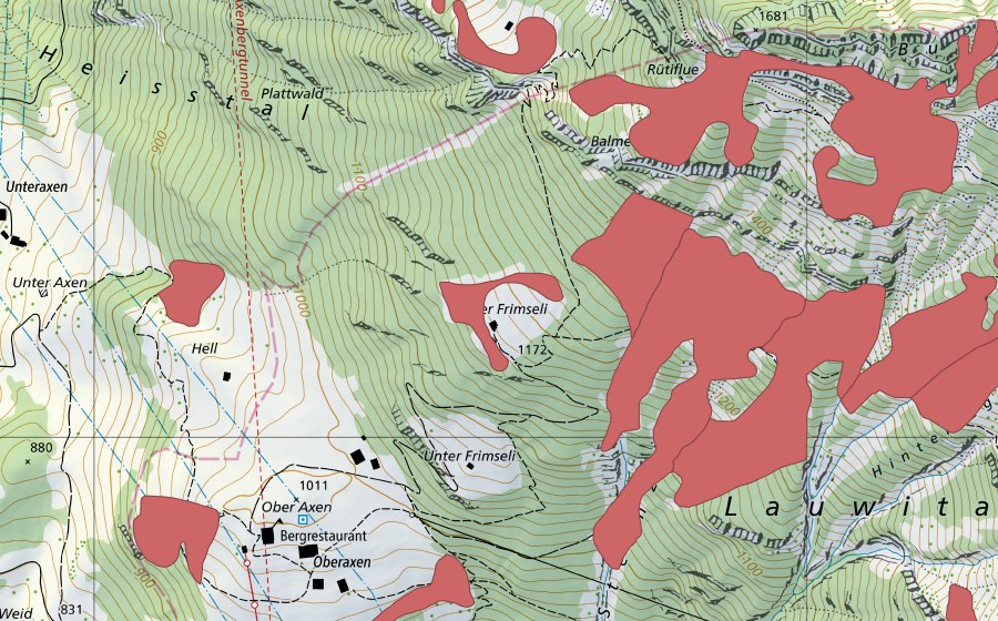 swisstopo national map showing the protected perimeter of Ober Frimseli (Dry meadow)