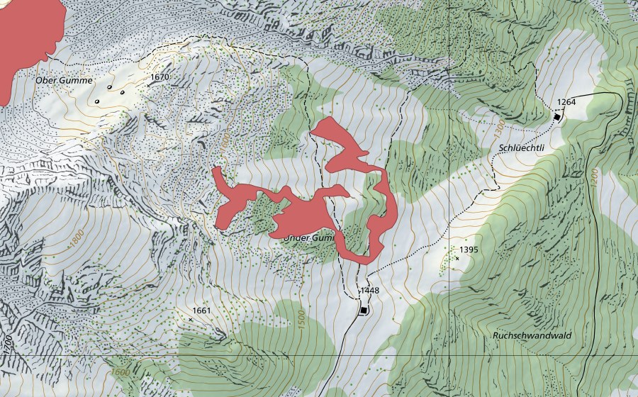 swisstopo national map showing the protected perimeter of Ober Gummen (Dry meadow)