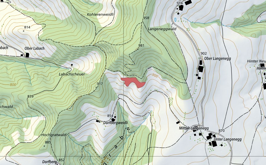 swisstopo national map showing the protected perimeter of Ober Langenegg (Dry meadow)