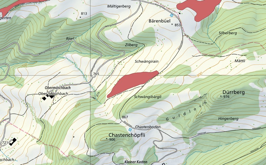 Landeskarte swisstopo mit dem Schutzperimeter von Ober Möschbach (Trockenwiese)