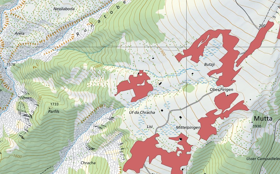 Carte nationale swisstopo avec le périmètre protégé de Ober Pirigen (Prairie sèche)