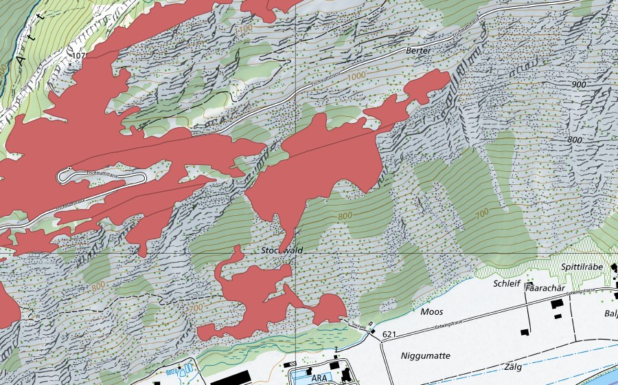 Carte nationale swisstopo avec le périmètre protégé de Ober Rotafen (Prairie sèche)