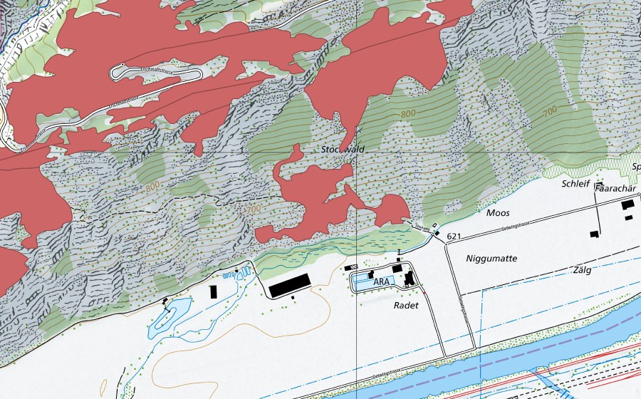 Landeskarte swisstopo mit dem Schutzperimeter von Ober Rotafen (Trockenwiese)