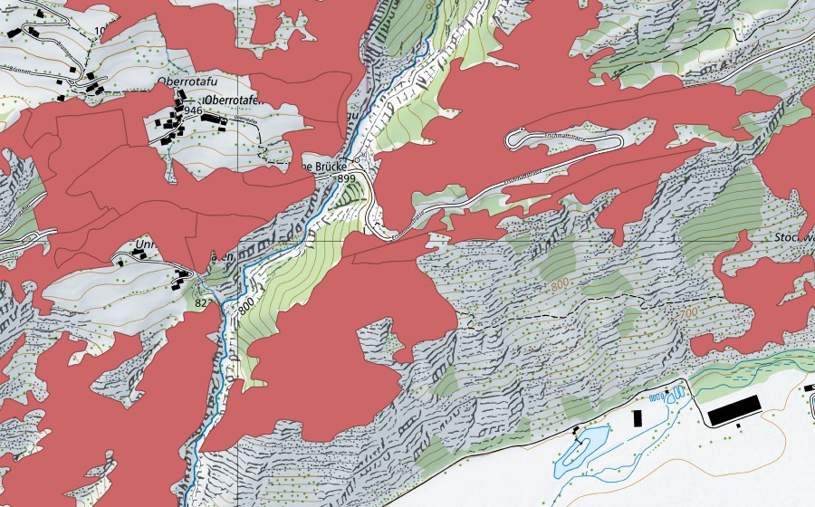 swisstopo national map showing the protected perimeter of Ober Rotafen (Dry meadow)