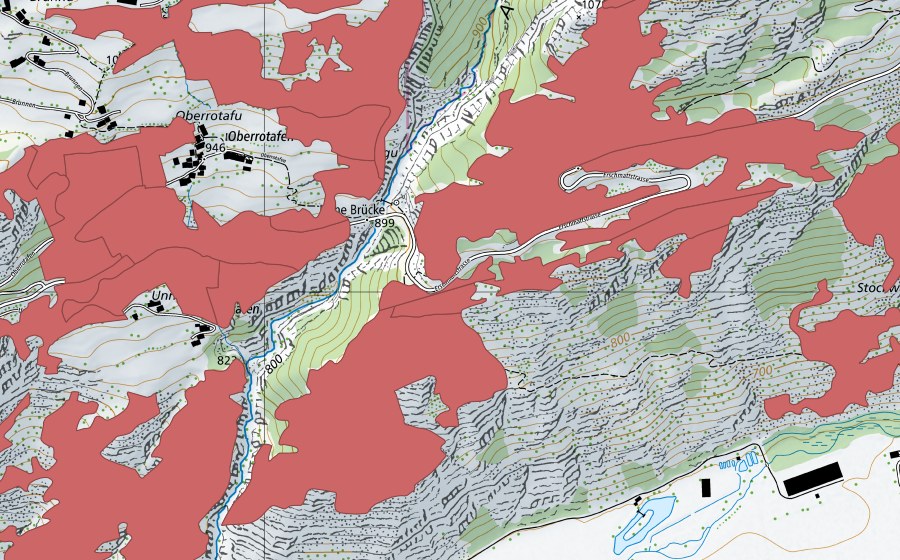 Landeskarte swisstopo mit dem Schutzperimeter von Ober Rotafen (Trockenwiese)