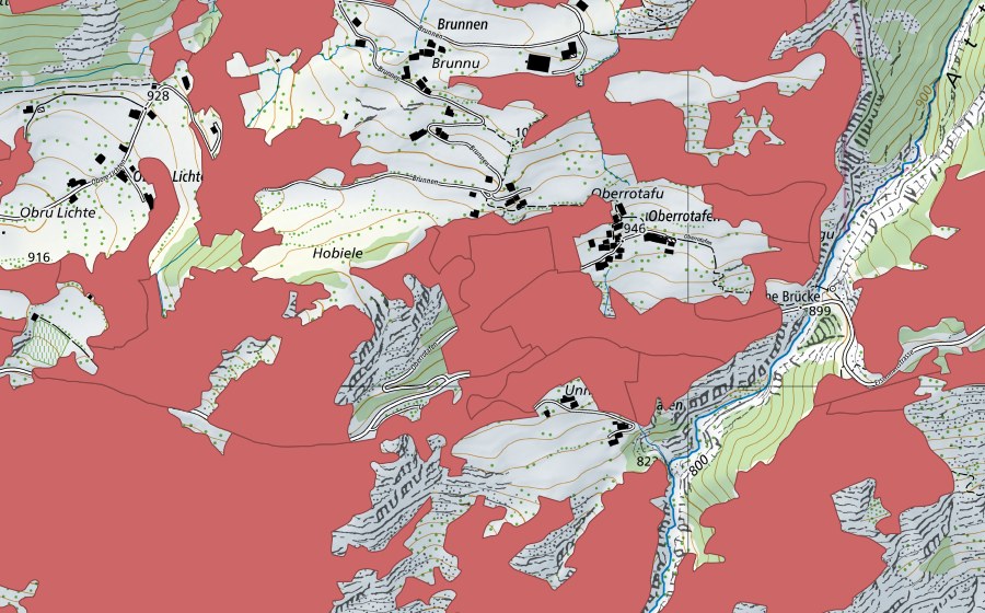 Landeskarte swisstopo mit dem Schutzperimeter von Ober Rotafen (Trockenwiese)