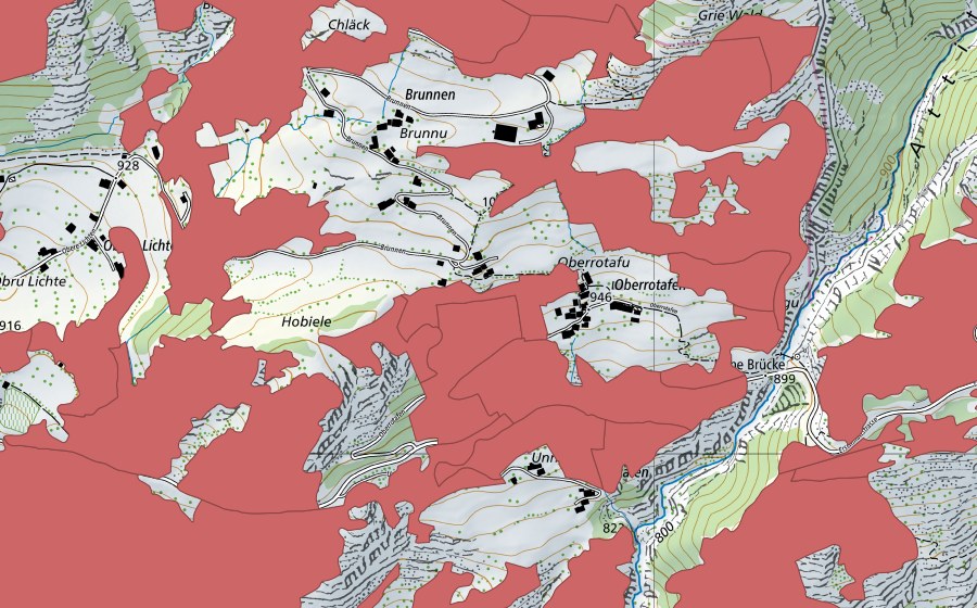 Landeskarte swisstopo mit dem Schutzperimeter von Ober Rotafen (Trockenwiese)