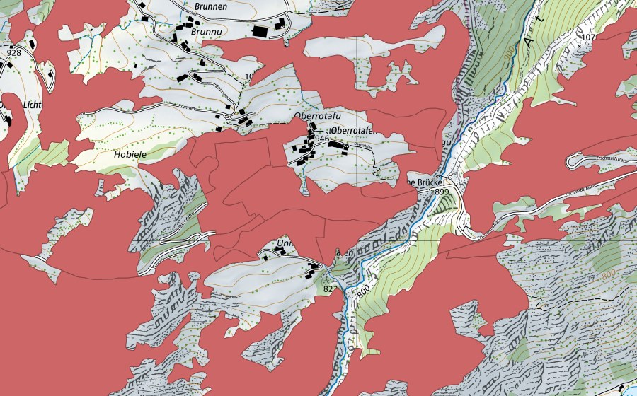 Landeskarte swisstopo mit dem Schutzperimeter von Ober Rotafen (Trockenwiese)