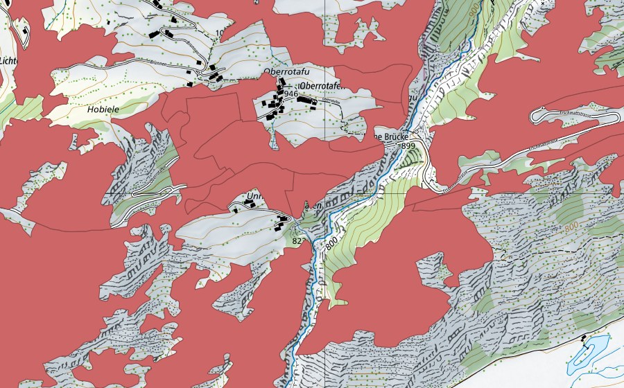 Carte nationale swisstopo avec le périmètre protégé de Ober Rotafen (Prairie sèche)