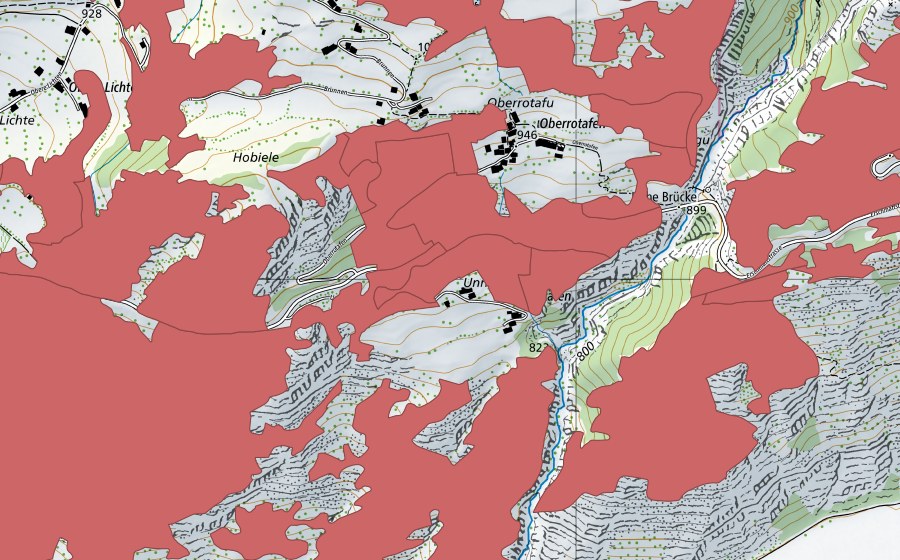 Carte nationale swisstopo avec le périmètre protégé de Ober Rotafen (Prairie sèche)