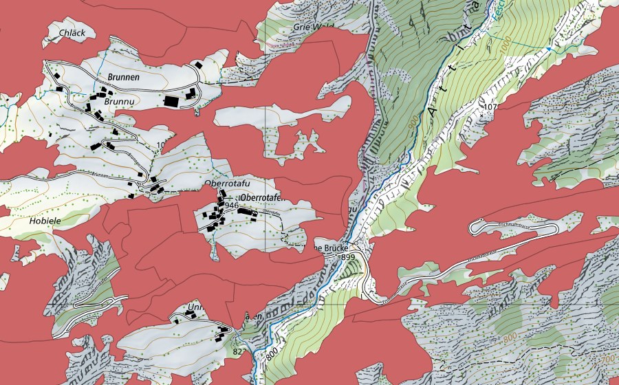 Carte nationale swisstopo avec le périmètre protégé de Ober Rotafen (Prairie sèche)