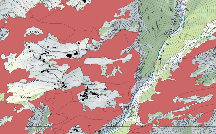 swisstopo national map showing the protected perimeter of Ober Rotafen (Dry meadow)