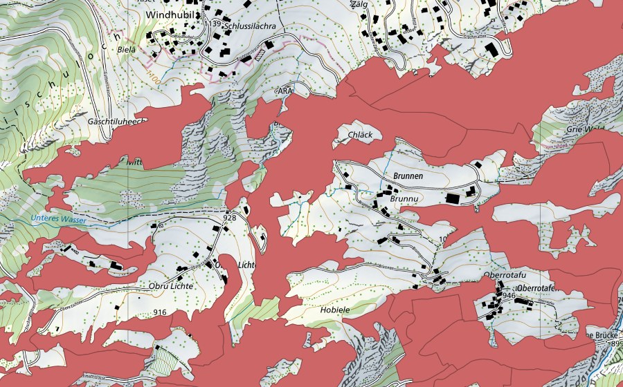 Landeskarte swisstopo mit dem Schutzperimeter von Ober Rotafen (Trockenwiese)