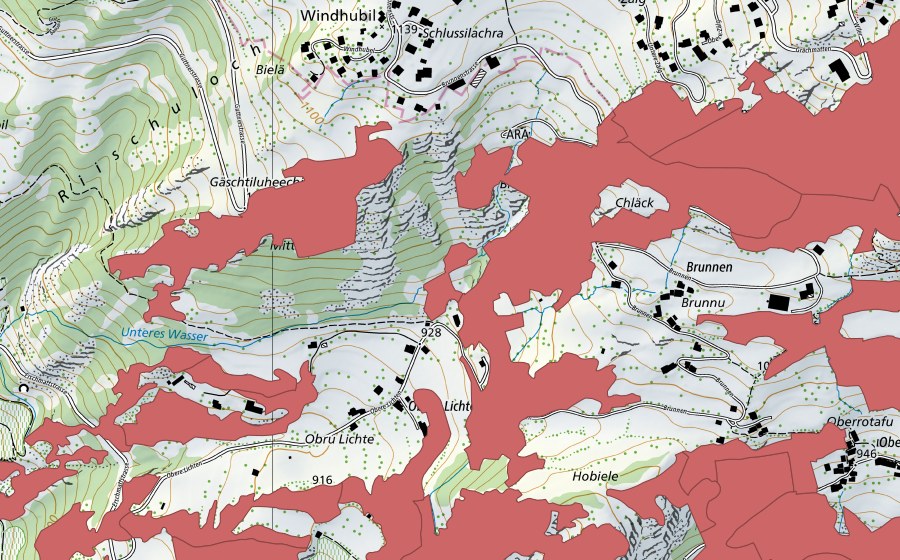 swisstopo national map showing the protected perimeter of Ober Rotafen (Dry meadow)