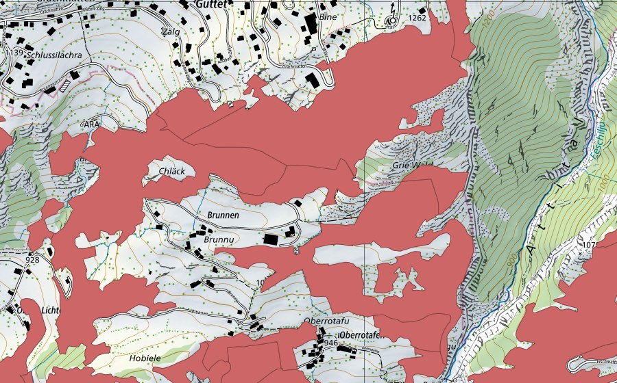 swisstopo national map showing the protected perimeter of Ober Rotafen (Dry meadow)