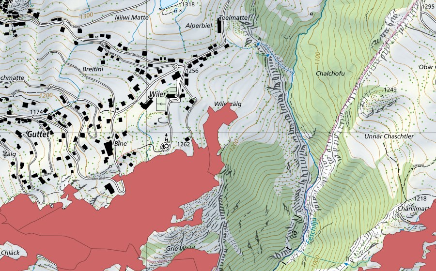 Landeskarte swisstopo mit dem Schutzperimeter von Ober Rotafen (Trockenwiese)