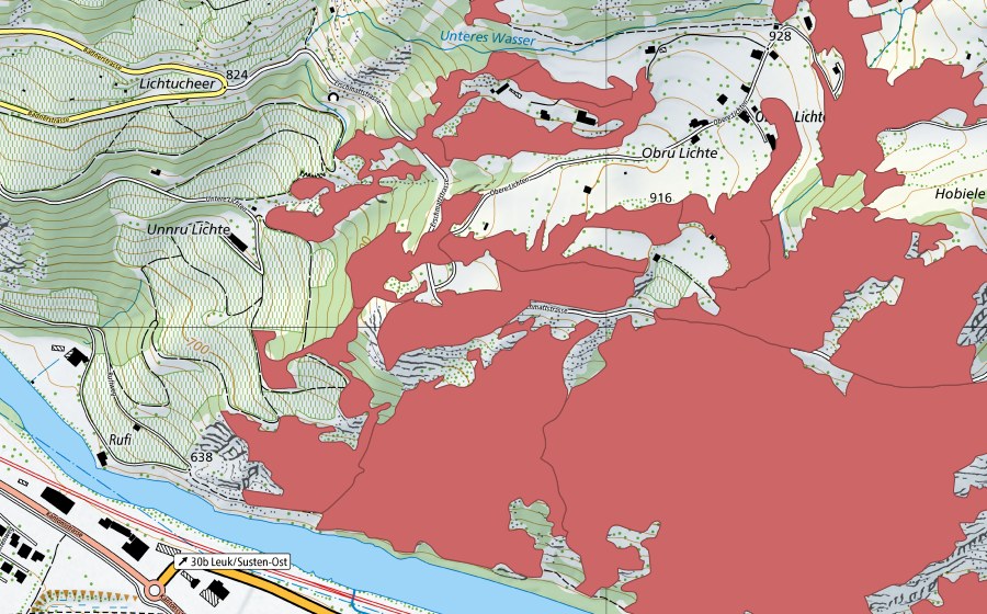 Landeskarte swisstopo mit dem Schutzperimeter von Ober Rotafen (Trockenwiese)