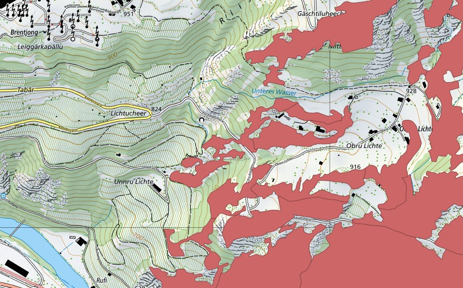 swisstopo national map showing the protected perimeter of Ober Rotafen (Dry meadow)