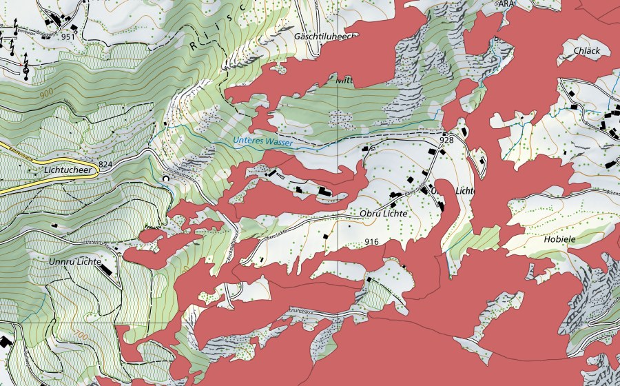 swisstopo national map showing the protected perimeter of Ober Rotafen (Dry meadow)