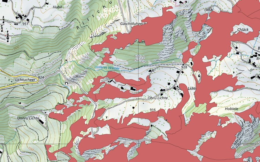 Landeskarte swisstopo mit dem Schutzperimeter von Ober Rotafen (Trockenwiese)