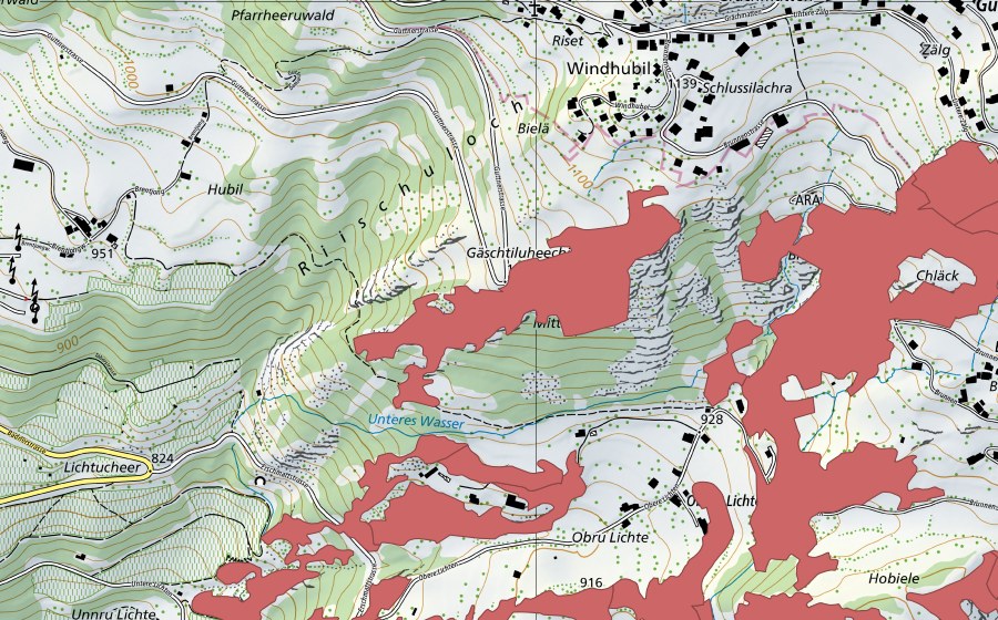 Landeskarte swisstopo mit dem Schutzperimeter von Ober Rotafen (Trockenwiese)