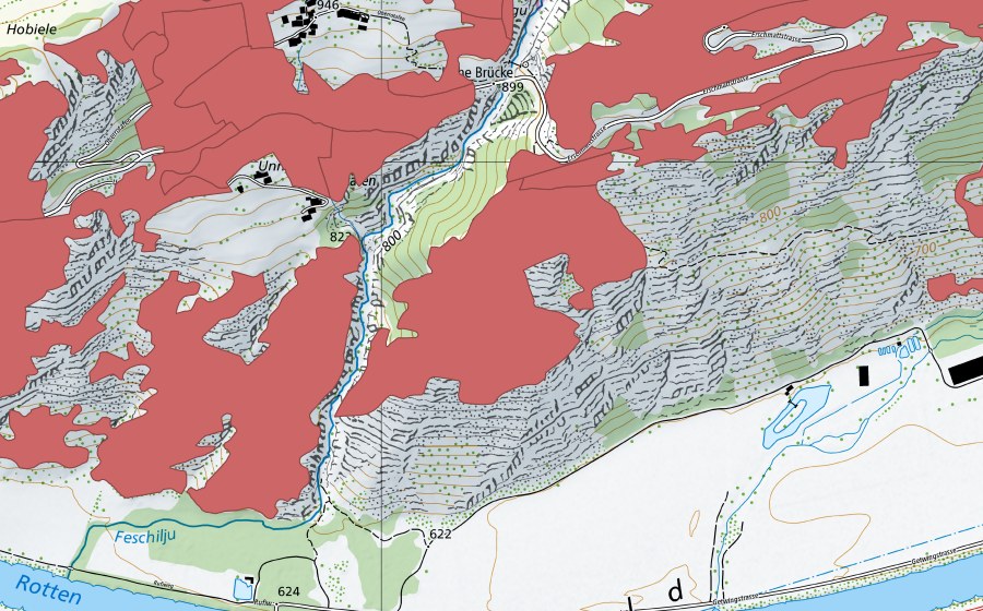 Carte nationale swisstopo avec le périmètre protégé de Ober Rotafen (Prairie sèche)
