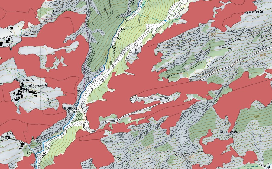 Landeskarte swisstopo mit dem Schutzperimeter von Ober Rotafen (Trockenwiese)